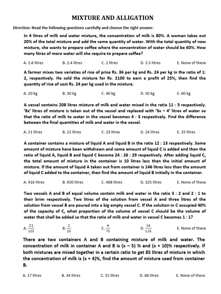 Mixture and Alligation Problems | PDF | Ratio | Concentration
