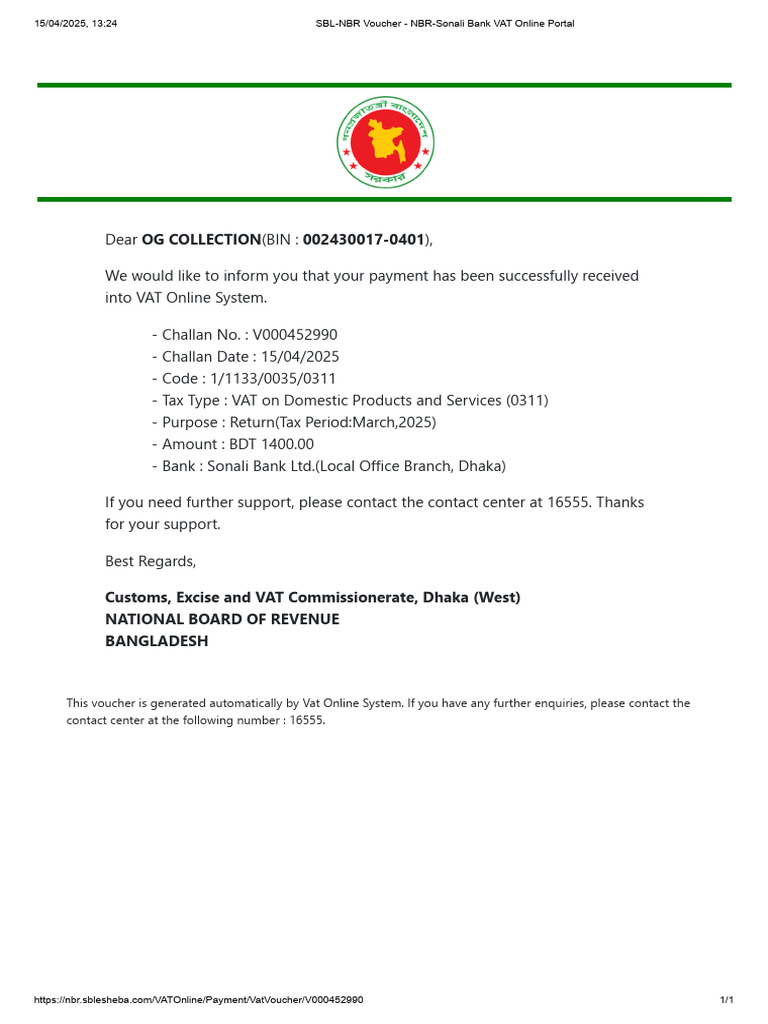 VAT Payment Confirmation for OG Collection | PDF