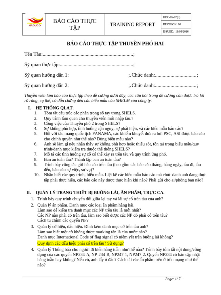 HDC-05-07 (B) Training Report - Second Officer | PDF