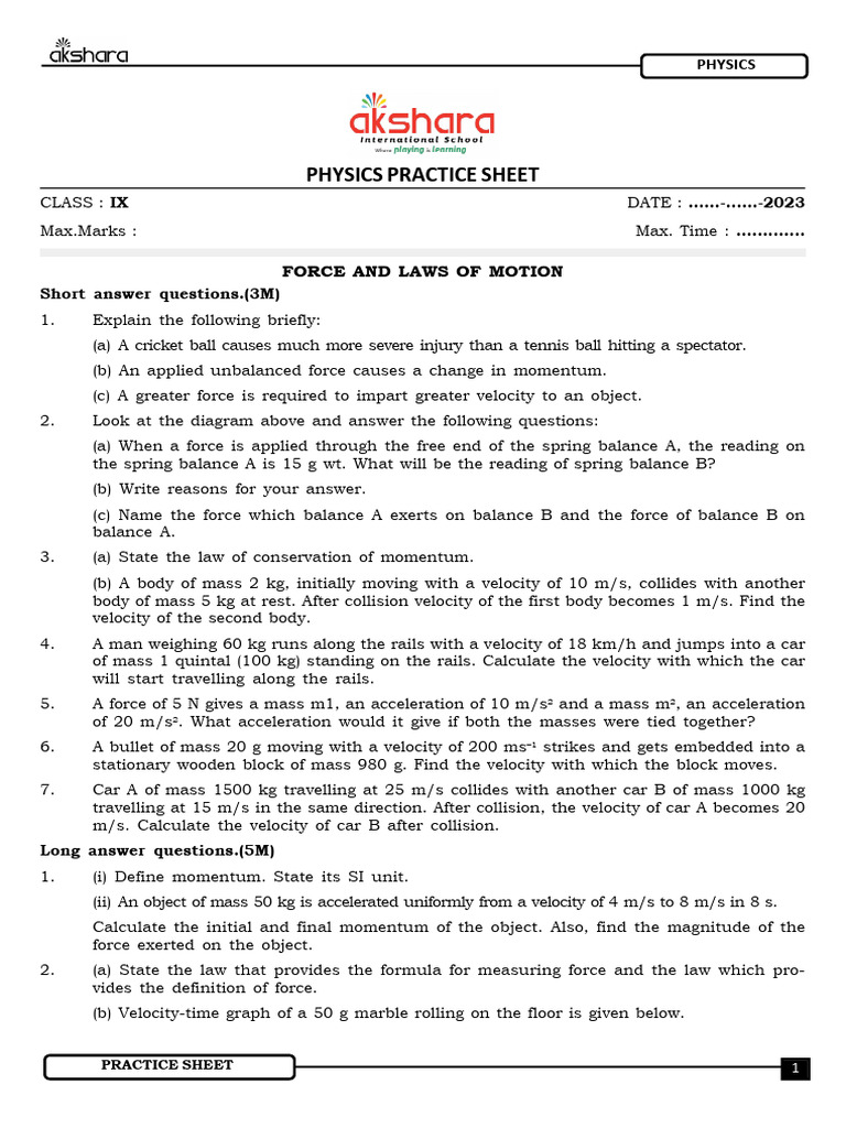 IX - Physics - Practice Sheet Force and Laws of Motion 2 | PDF | Force ...