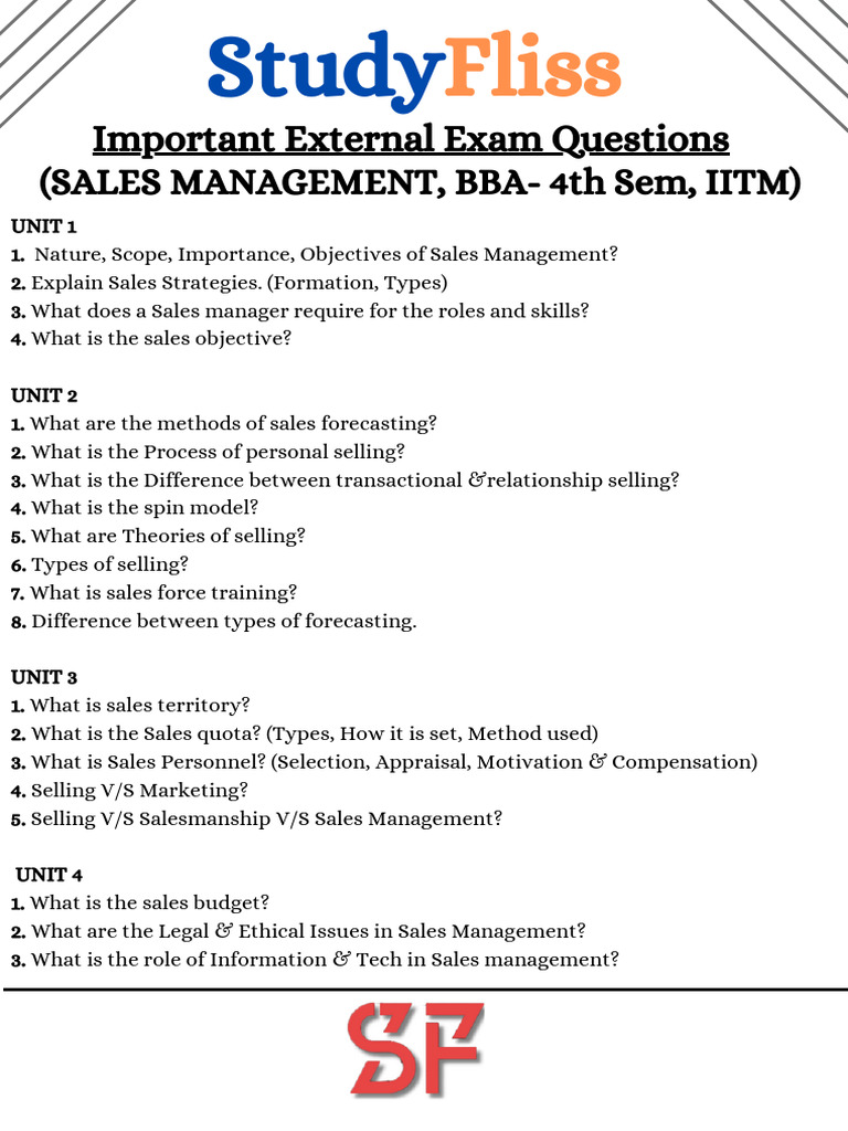 SM External Questions + Answer Key | PDF | Sales | Forecasting