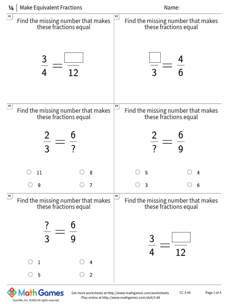 Missing Numbers in Equivalent Fractions | PDF | Numbers | Mathematics