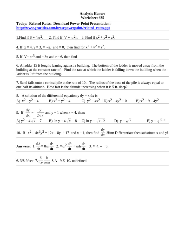 Related Rates Analysis Worksheet | PDF