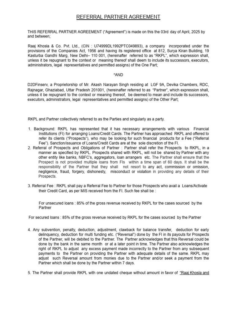 Referral Partner Agreement Overview | PDF | Indemnity | Payments