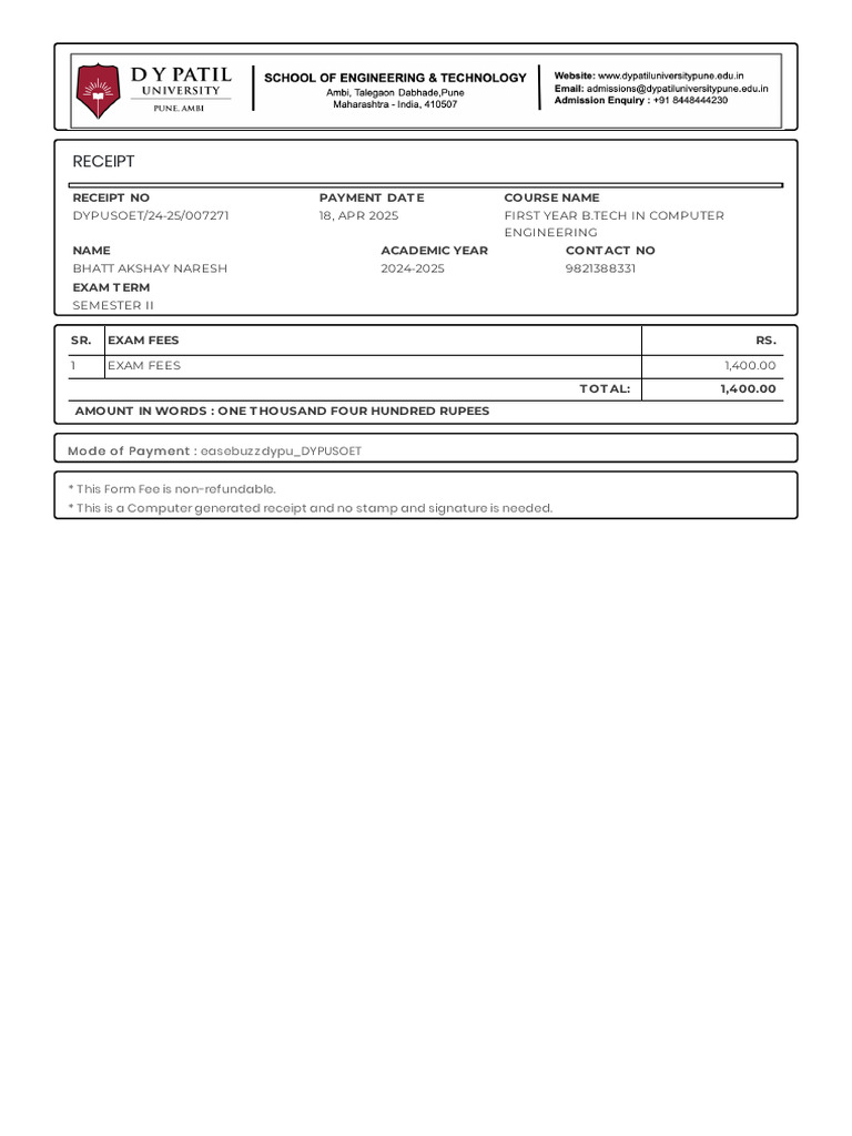 Receipt: Receipt No Payment Dat E Course Name | PDF