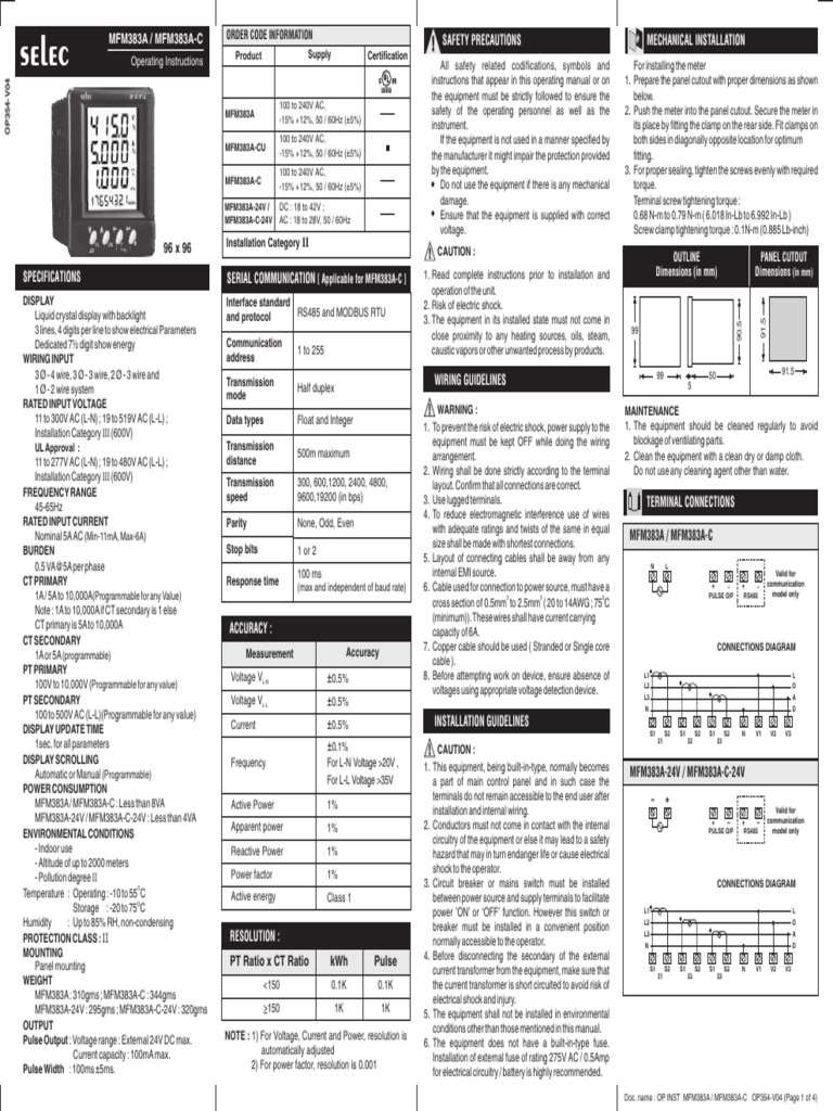 MFM383A-C Operating Manual | PDF | Alternating Current | Mains Electricity