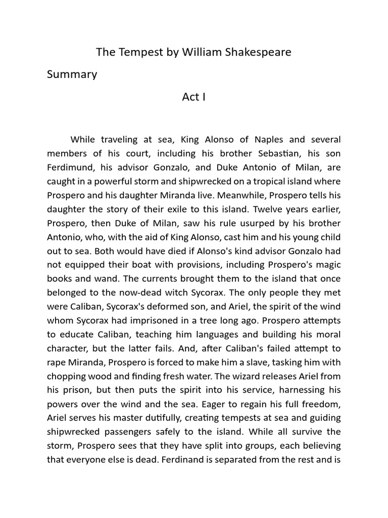 Summary of The Tempest by Shakespeare | PDF | The Tempest ...