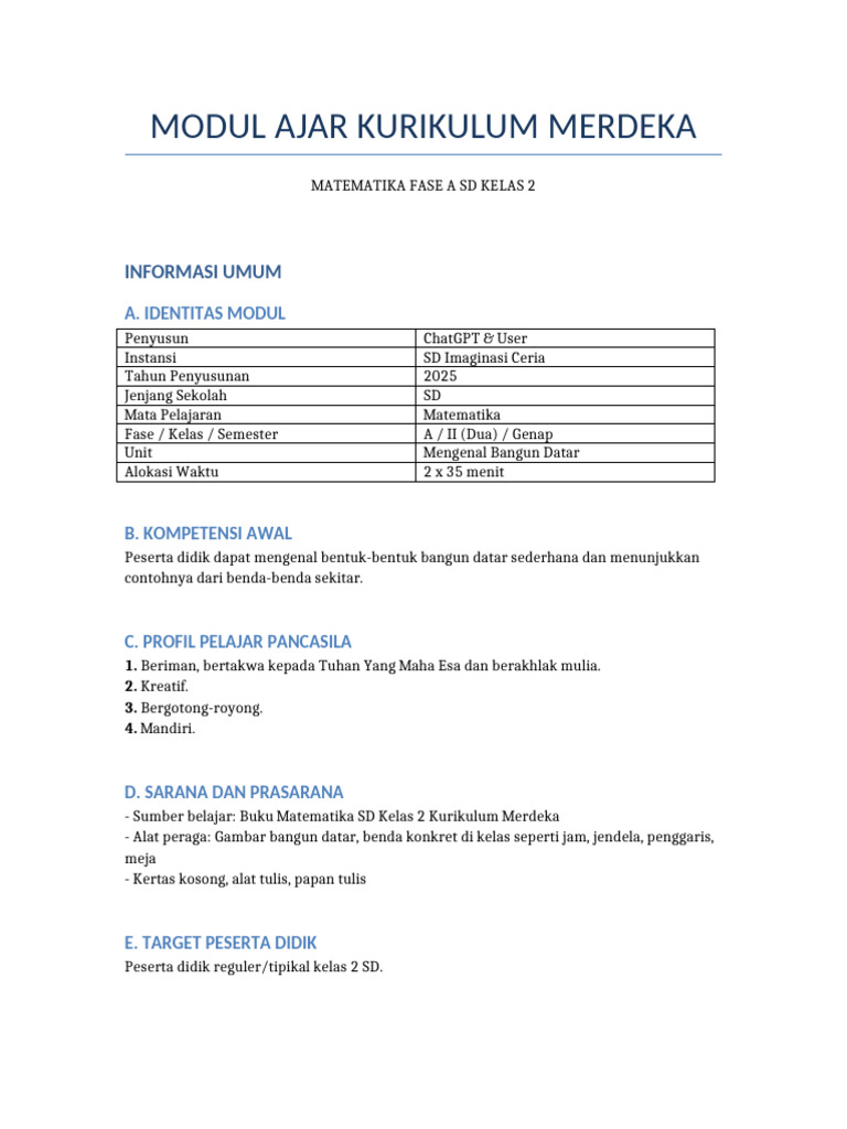 Modul Ajar Bangun Datar Kelas 2 SD | PDF