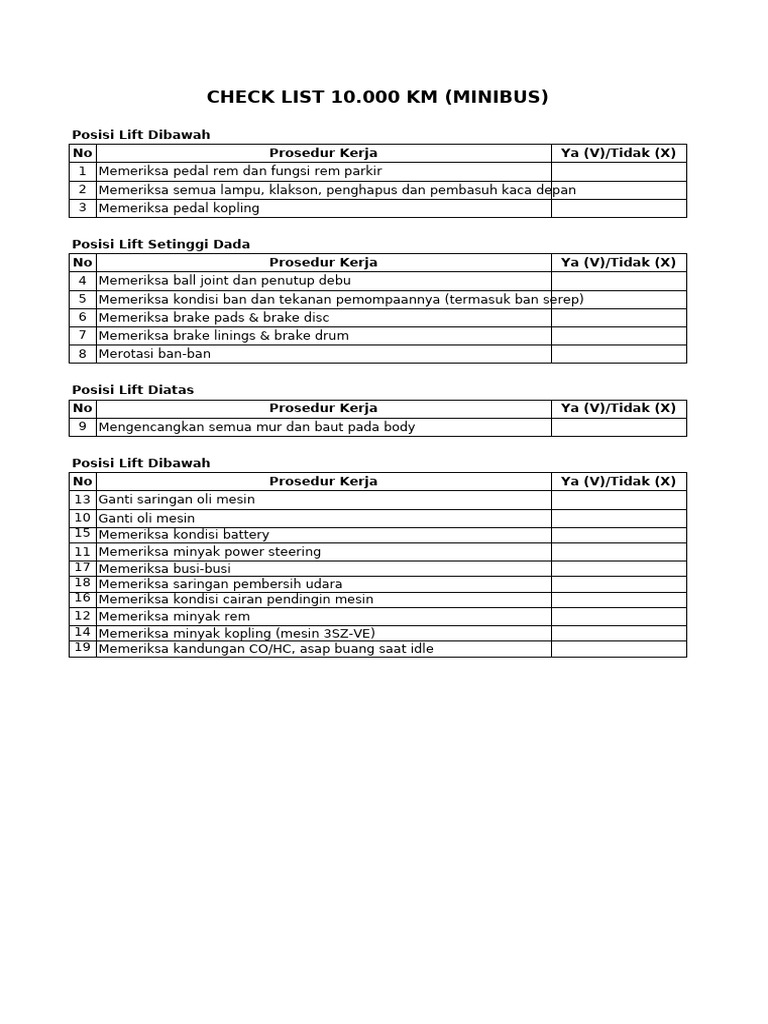 Checklist Perawatan Minibus dan Sedan | PDF