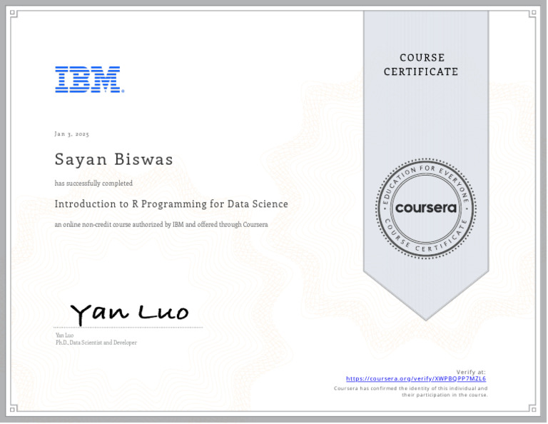 R Programming Course Completion Certificate | PDF