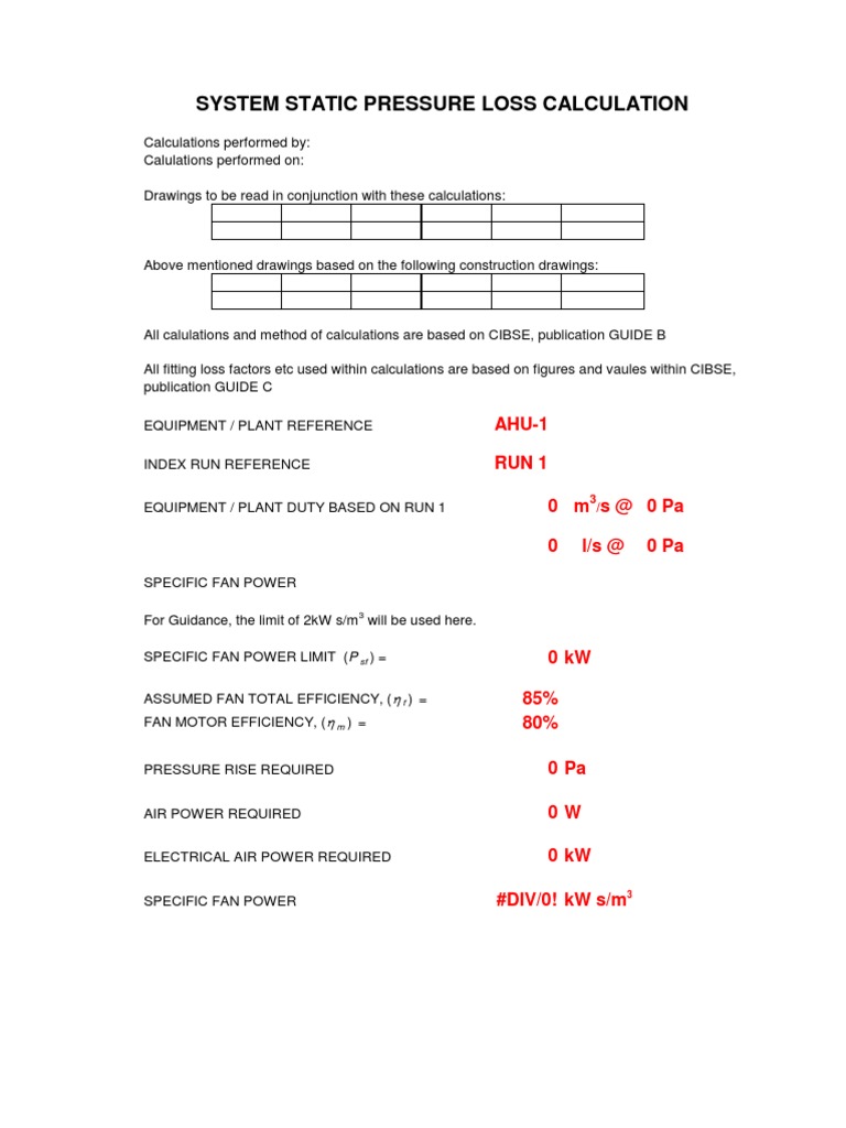System Duct Pressure Loss Calculation Pressure Liquids