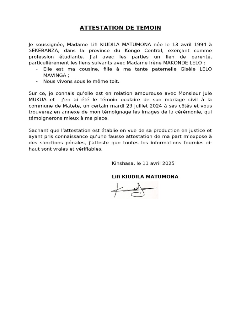 Attestation de témoin pour mariage | PDF