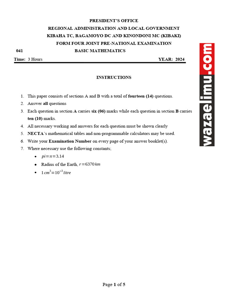 Form Four Joint Pre-National Exam 2024 | PDF | Tetrahedron | Interest
