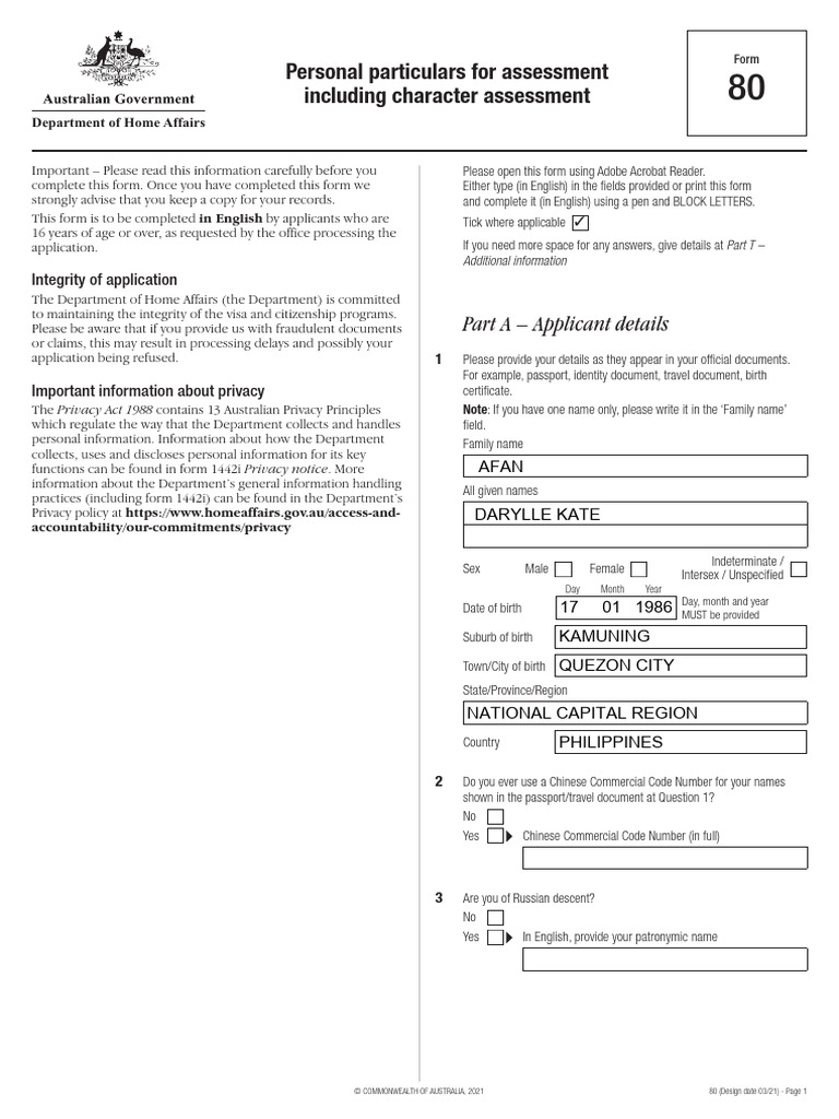 Form 80: Personal Assessment Details | PDF | Identity Document | Crimes