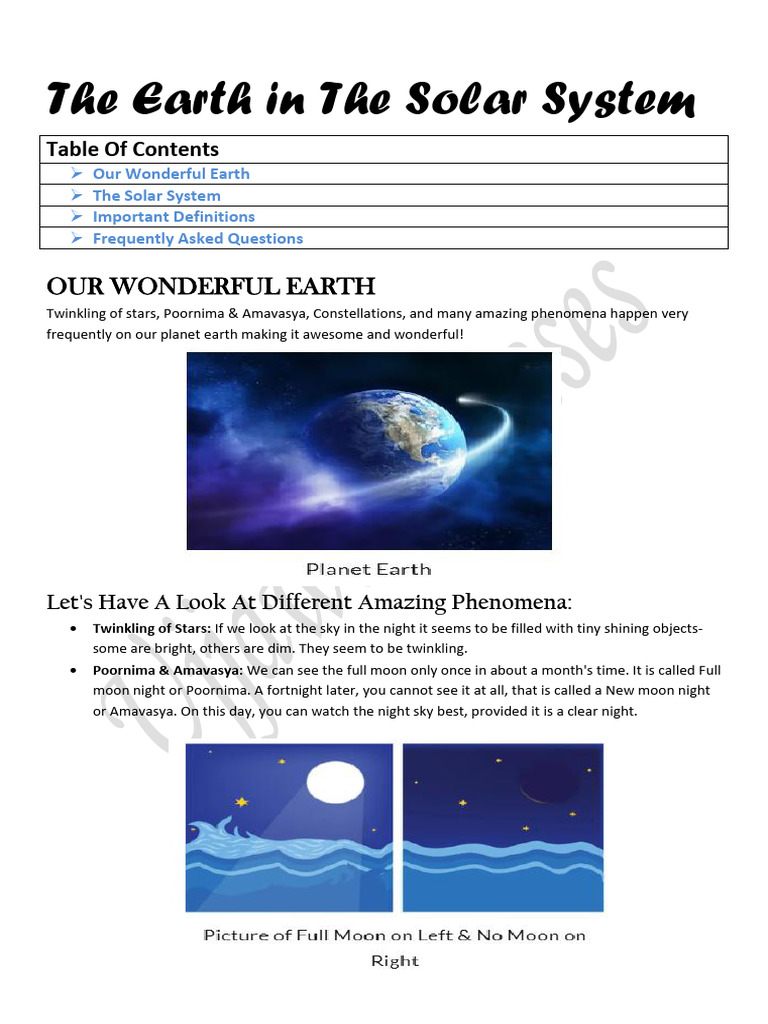 Earth in the Solar System for Class 6 | PDF | Meteoroid | Planets