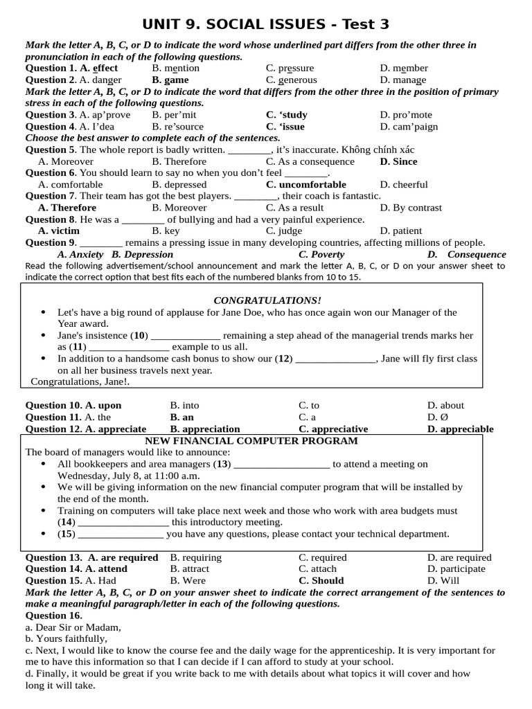 Grade 11 - Unit 9 - Test 3 | PDF | Homelessness | Affordable Housing