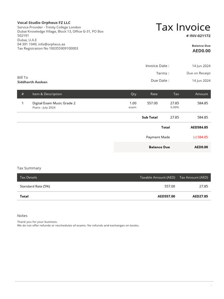 Invoice #INV-021172 for Music Exam | PDF | Taxes | Government Finances