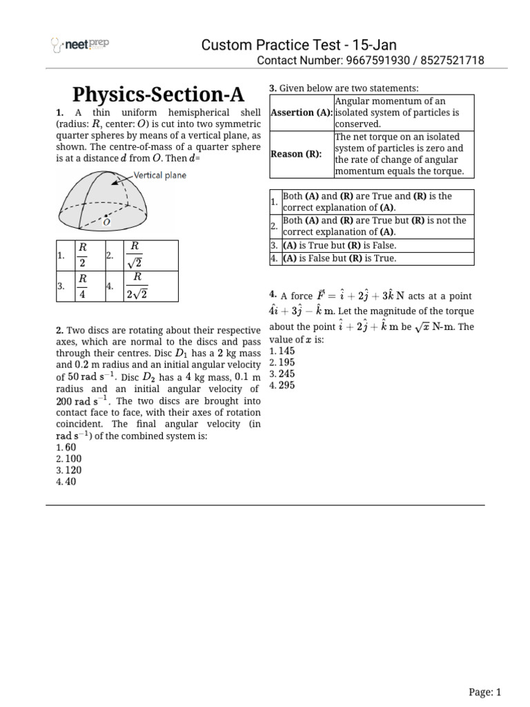 Physics Practice Test on Angular Momentum | PDF | Rotation Around A ...