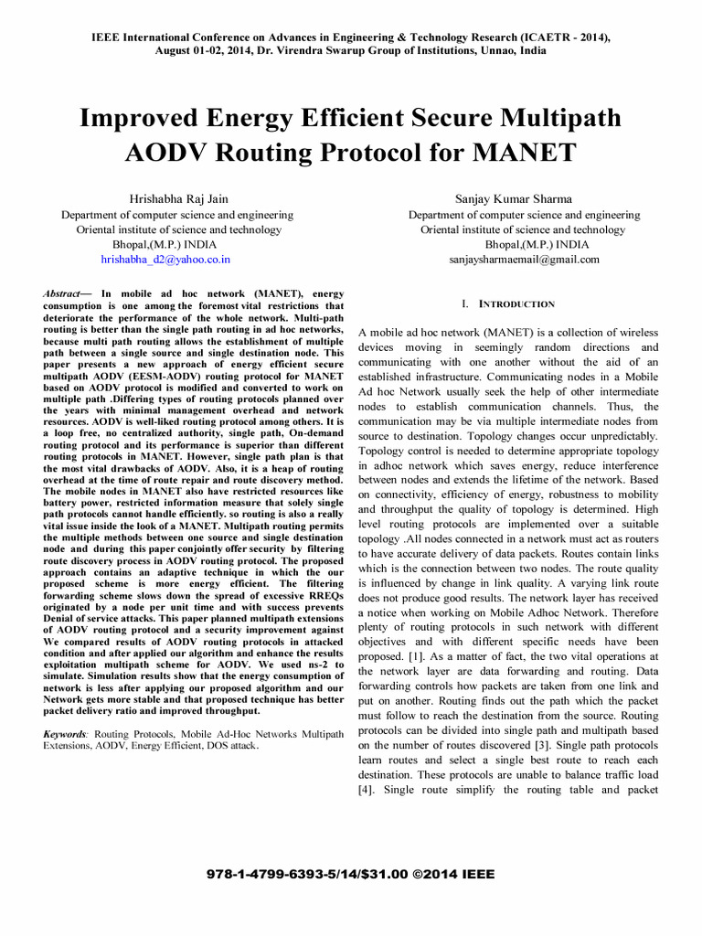Energy Efficient Multipath AODV for MANET | PDF | Routing | Wireless Ad ...
