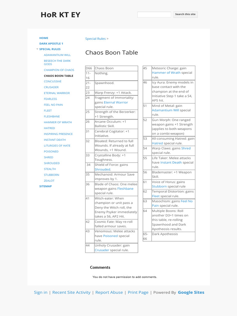 Chaos Boon Table - HoR KT EY | PDF