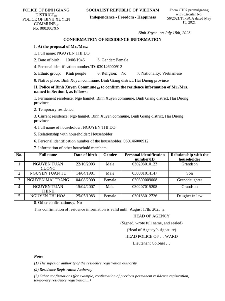 Confirmation of Residence Information CT07 | PDF | Vietnam