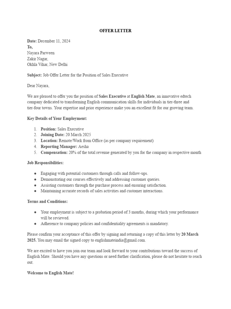 Job Offer Letter for Sales Executive | PDF