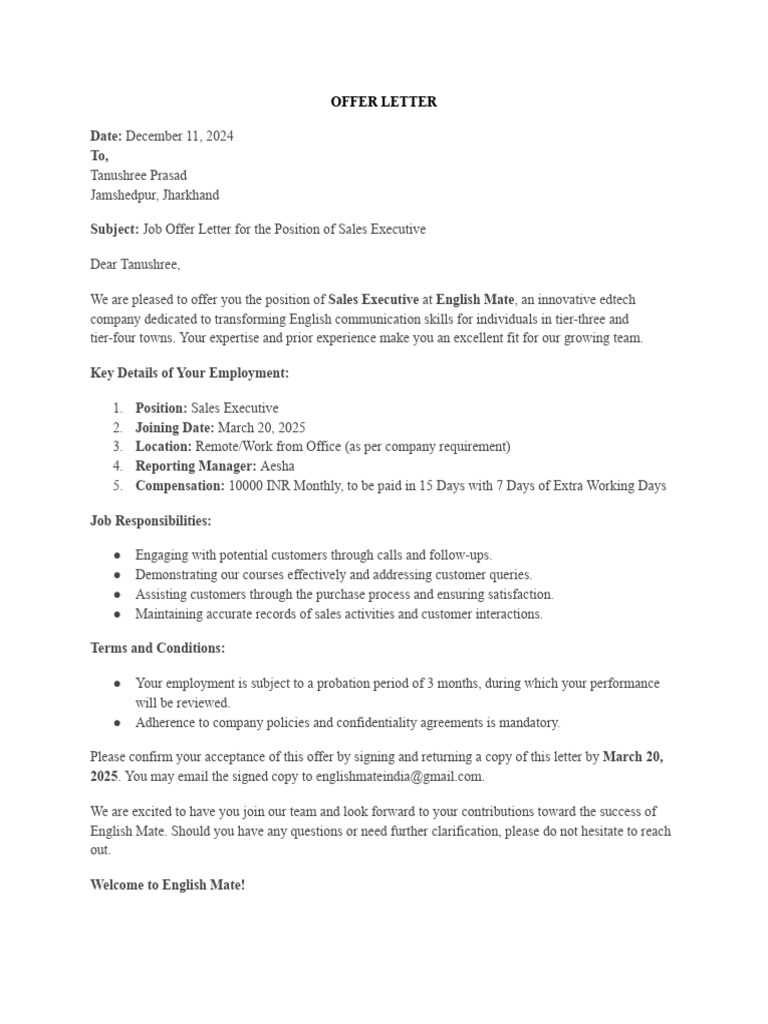 Sales Executive Offer Letter | PDF