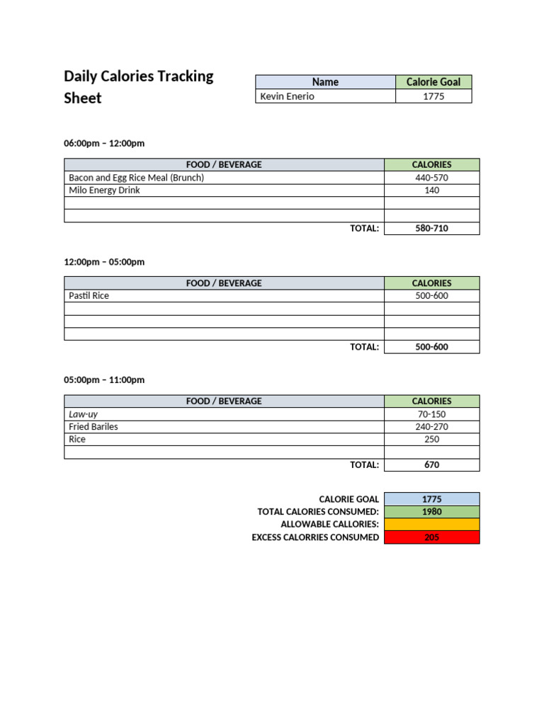 Daily Calories Tracking Sheet - Template | PDF