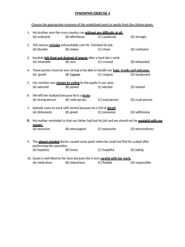Synonyms Exercise with Answers | PDF