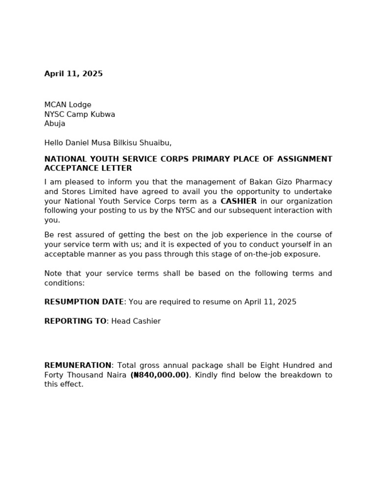 Acceptance Letter for NYSC Cashier Role | PDF | Government | Taxes