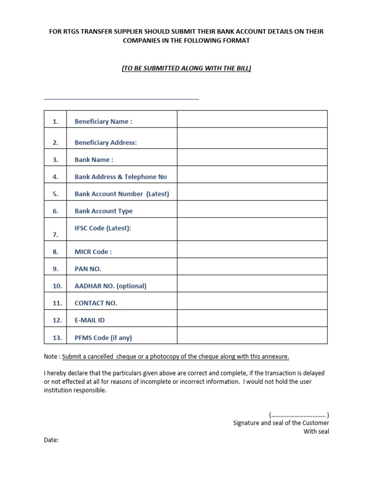 RTGS Transfer Supplier Form Requirements | PDF