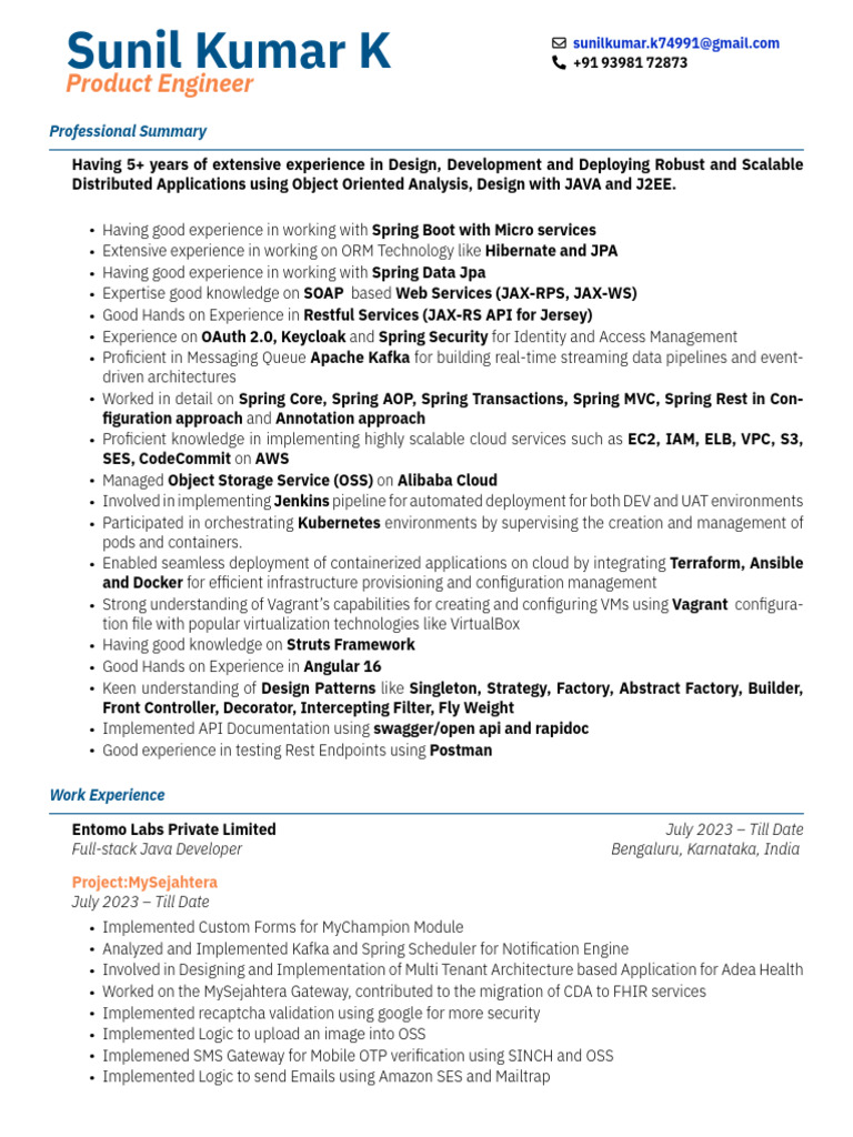 Sunil Kumar K: Java Developer Profile | PDF | Spring Framework ...