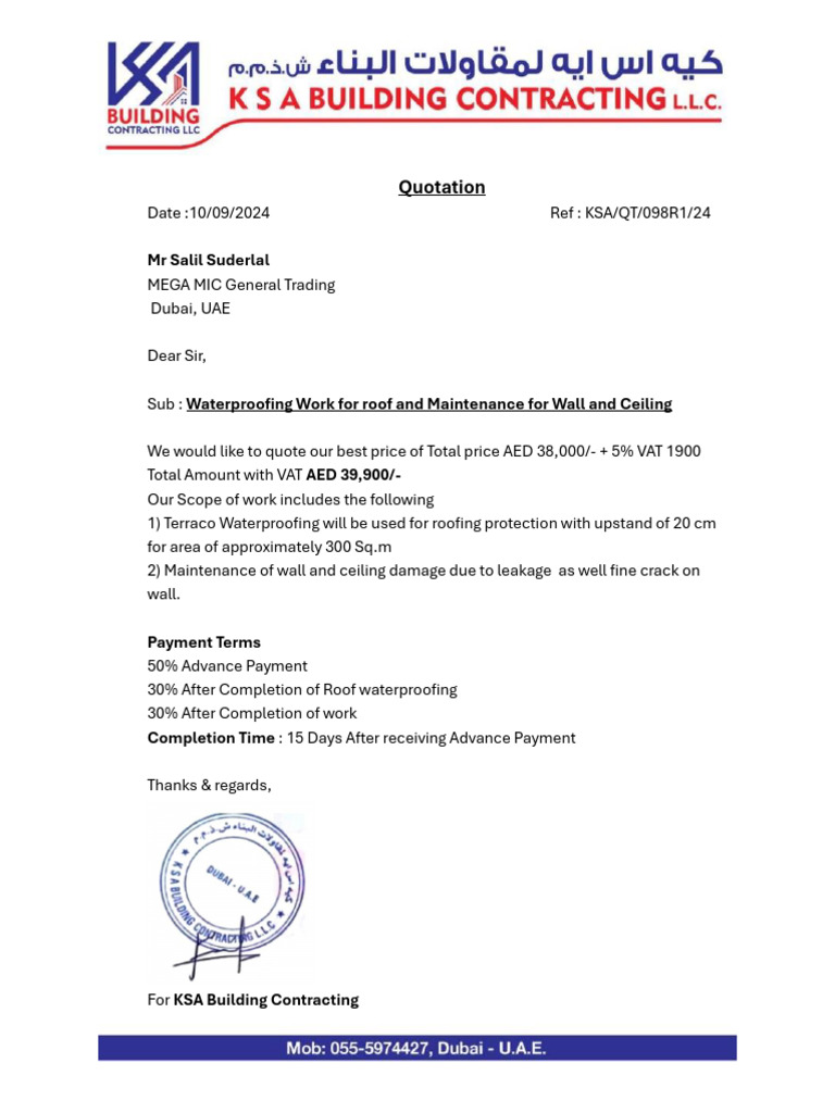 Waterproofing Quotation for Mega MIC | PDF
