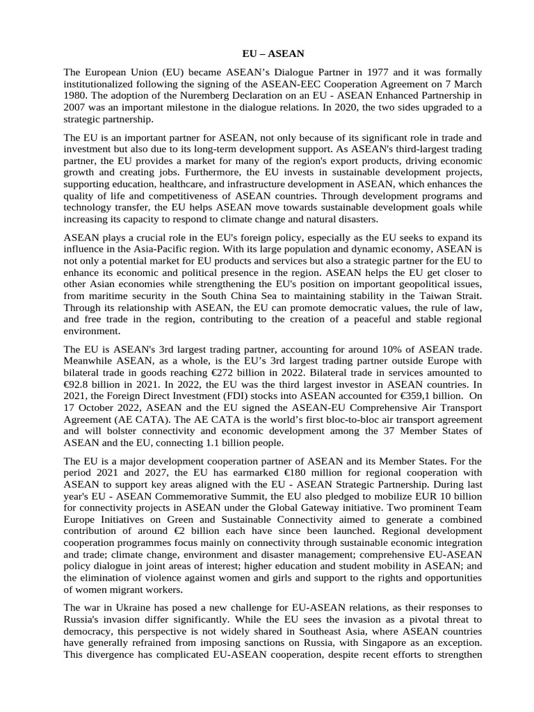 EU-ASEAN Partnership Overview | PDF | European Union | International ...