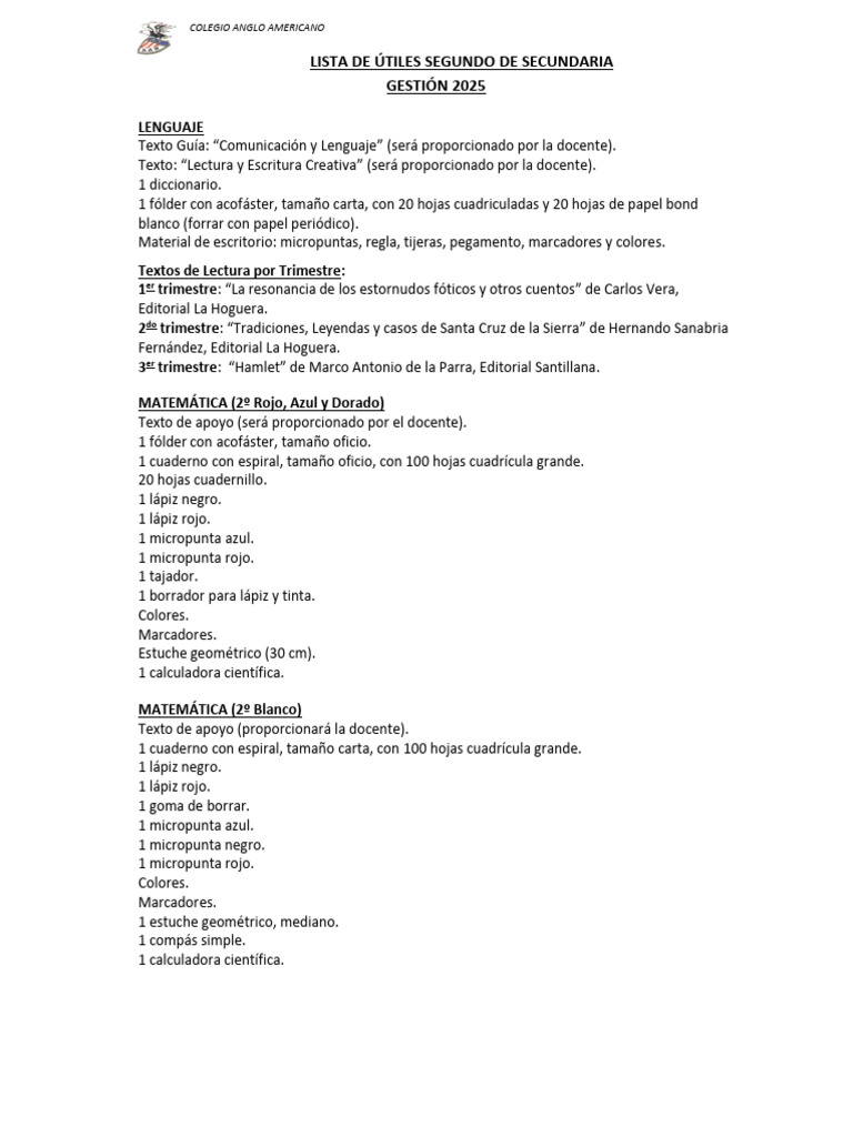 Útiles Escolares 2º Secundaria 2025 | PDF | Cuaderno