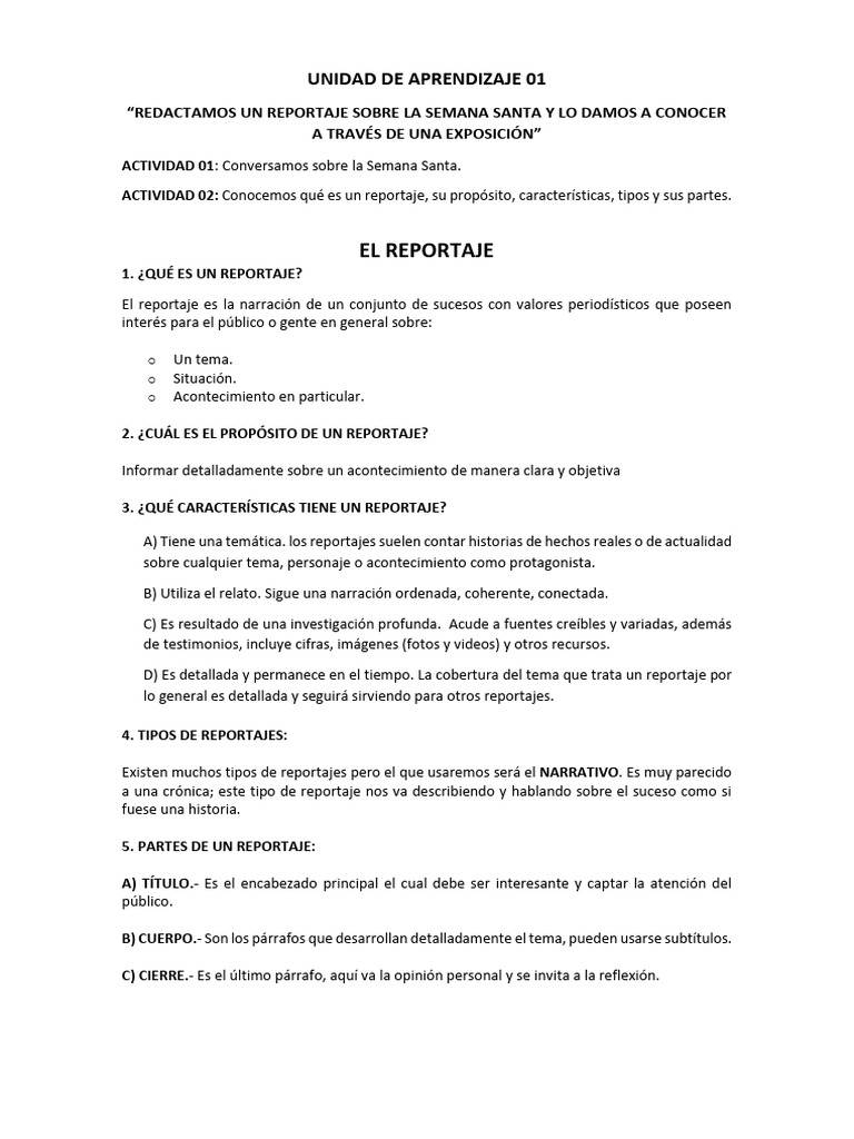 Unidad de Aprendizaje 01 - Sesion 01 - Reportaje | PDF