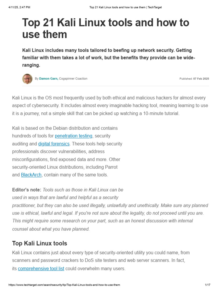 Top 21 Kali Linux Tools and How To Use Them - TechTarget | PDF ...