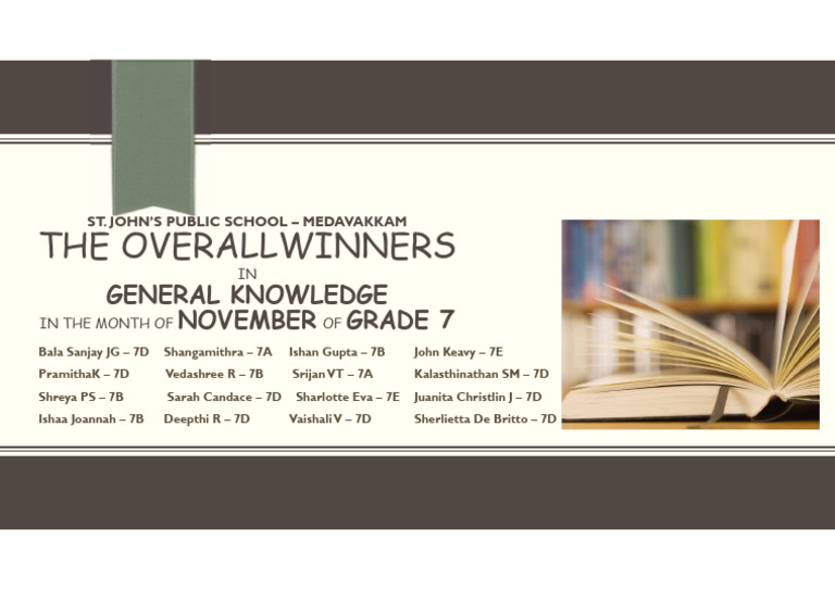 Grade 7 General Knowledge Winners | PDF