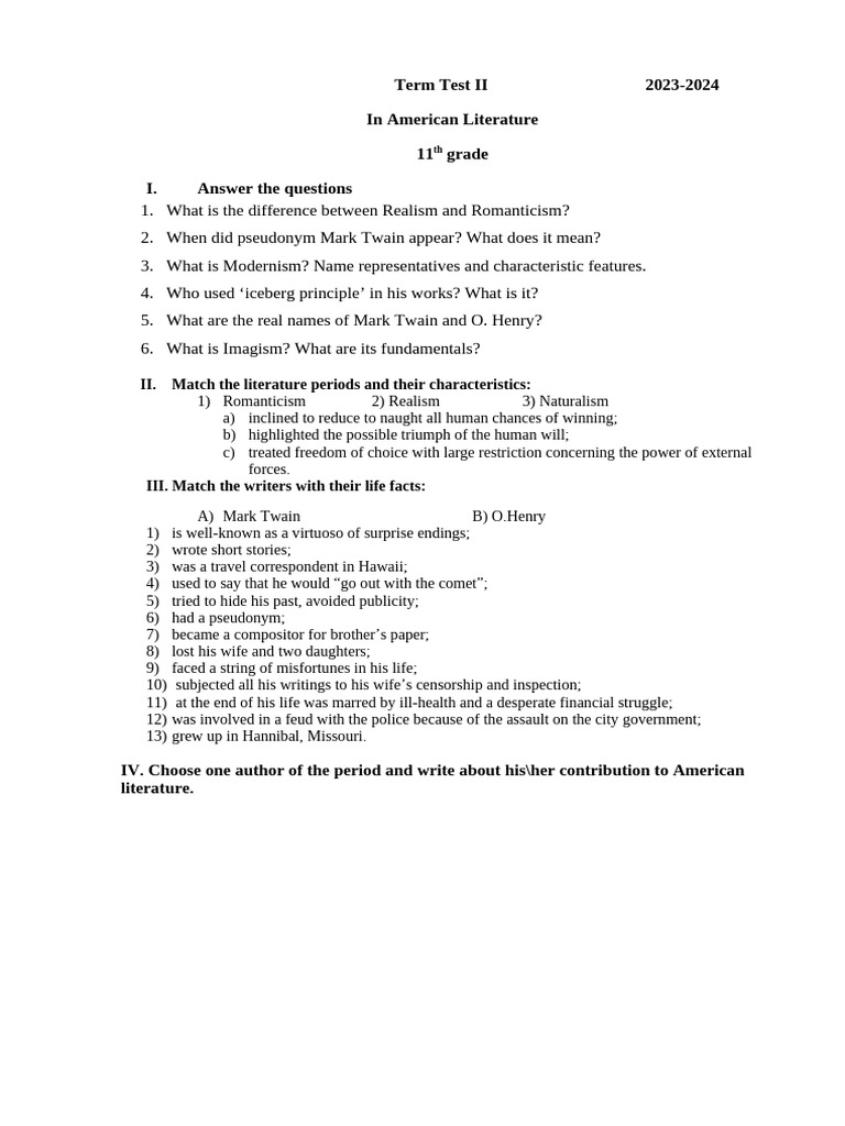 American Literature Term Test II Guide | PDF