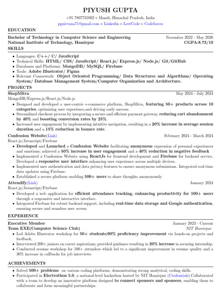 Piyush Gupta: Computer Science Profile | PDF | Java Script | Software ...