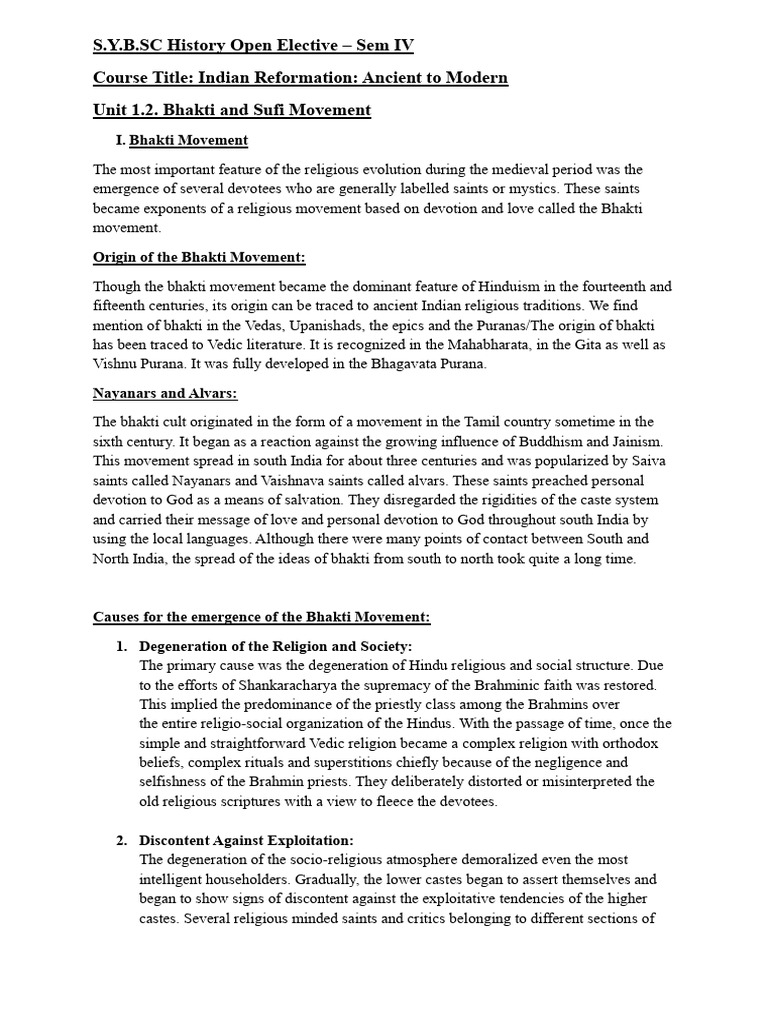 Unit 1.2. Bhakti and Sufi movements | PDF | Bhakti | Bhakti Movement
