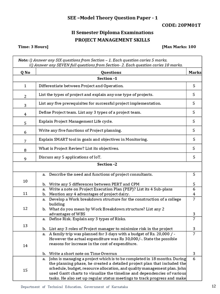PMS Model Question Paper 2025 | PDF | Project Management