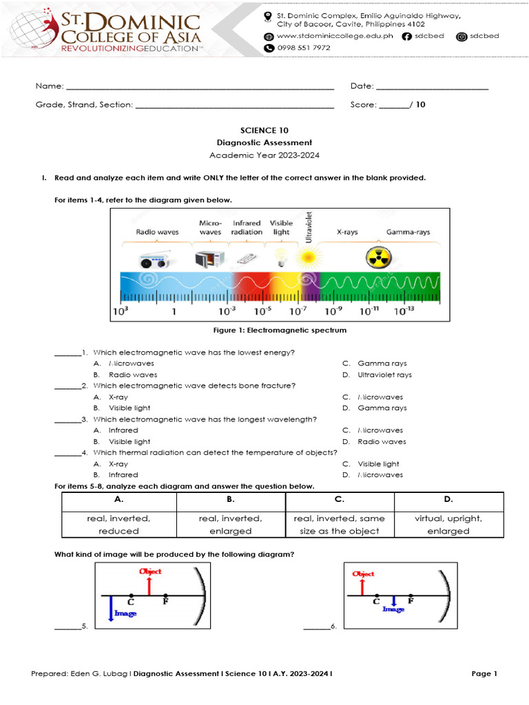 Science 10 Diagnostic Assessment 2023-2024 | PDF | Electromagnetic ...