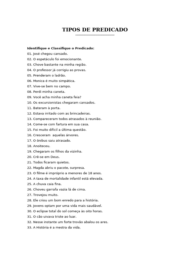 Tipos de Predicado na Língua Portuguesa | PDF