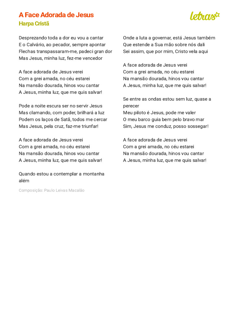 A FACE ADORADA DE JESUS - Harpa Cristã (Impressão) | PDF