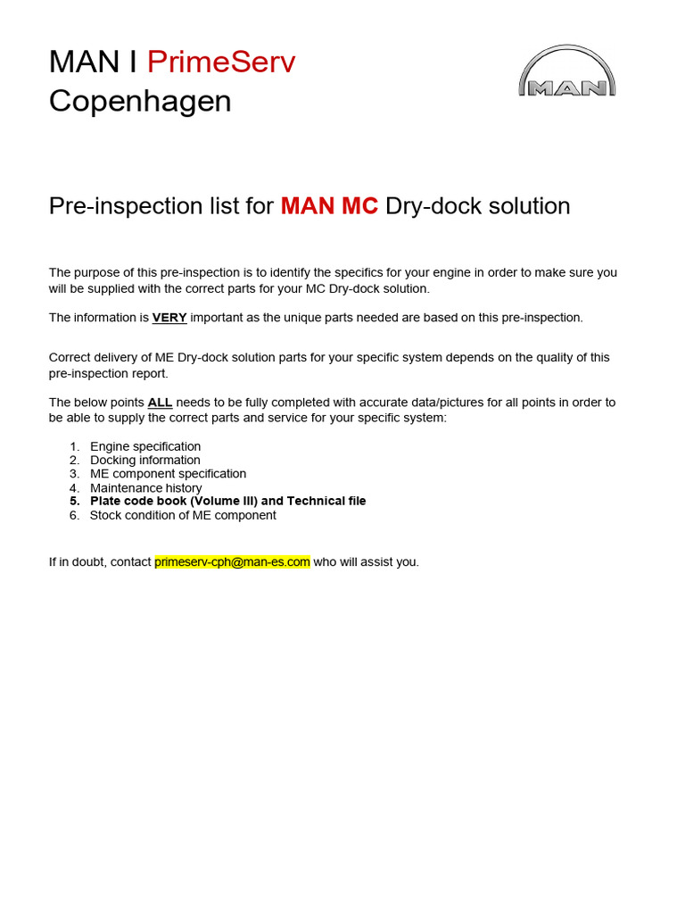 MAN MC Dry-Dock Pre-Inspection Checklist | PDF | Pump | Piston