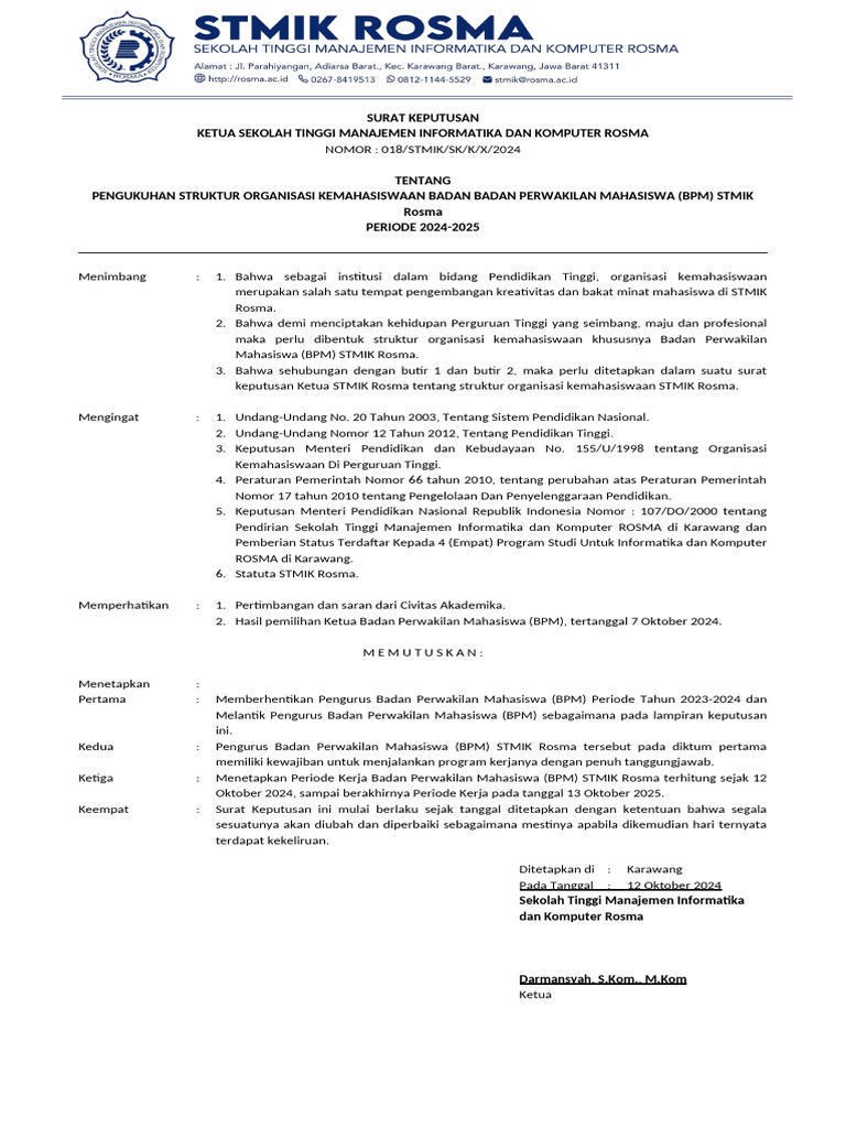 Struktur Organisasi BPM STMIK Rosma 2024-2025 | PDF