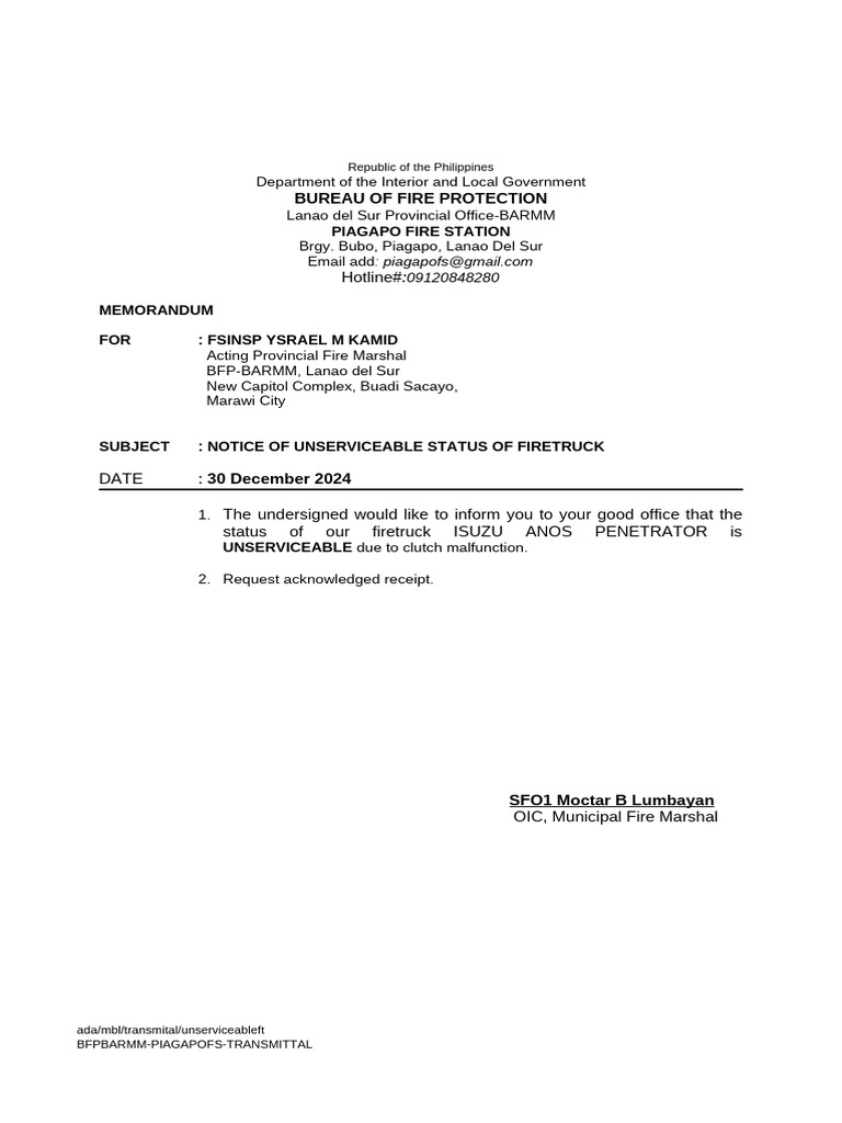 Notice of Unserviceable Firetruck Status | PDF