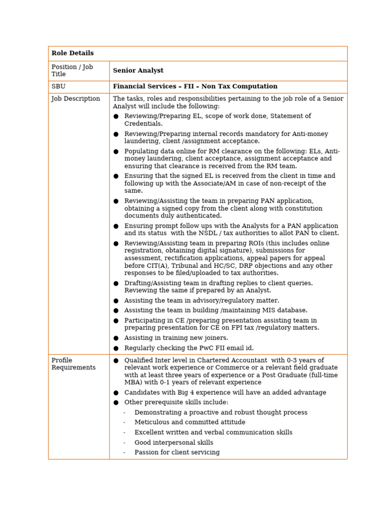 Senior Analyst Role in Financial Services | PDF
