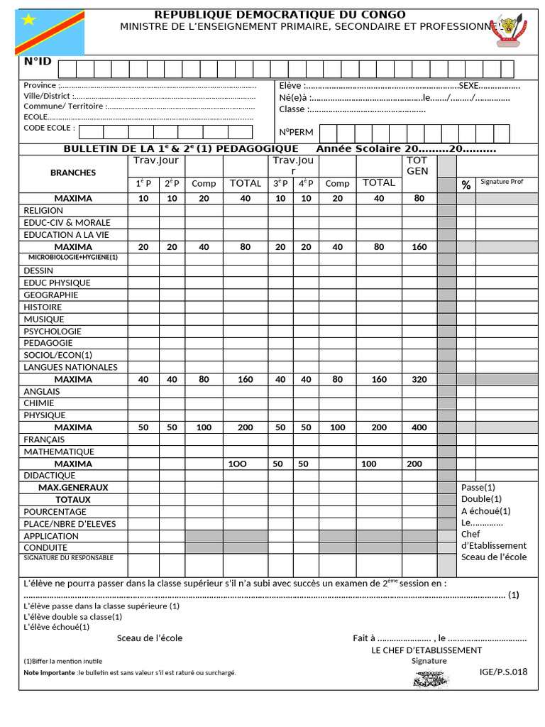 Bulletin Scolaire Primaire RDC 2023 | PDF